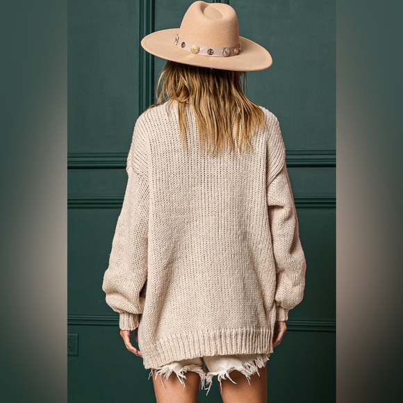 Oatmeal floral embroidered bishop sleeve cardigan sweater - Picture 7 of 12